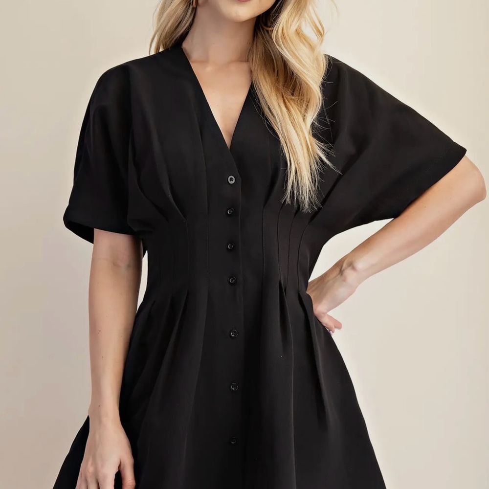Glam Black Midi Dress with Button Detail